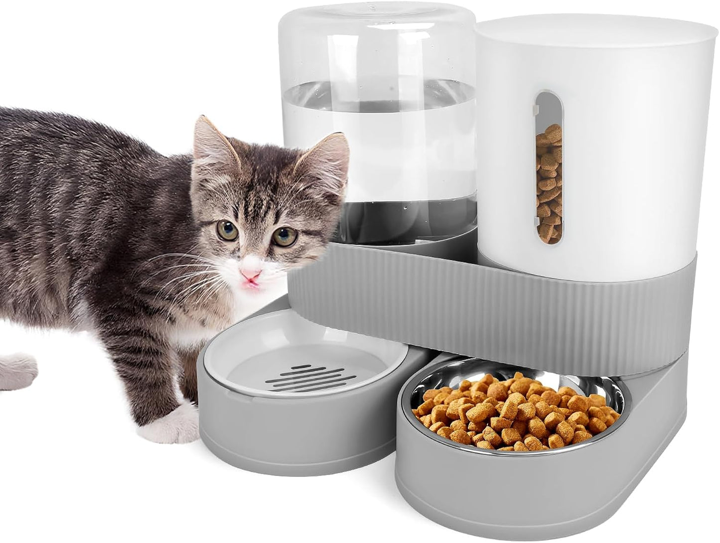 Automatic Dog Feeder and Water Dispenser, 2-in-1 Gravity Pet Water and Food Dispenser, 2.6L Pet Waterer, 2.4L Pet Feeder for Small Medium Cats Dogs