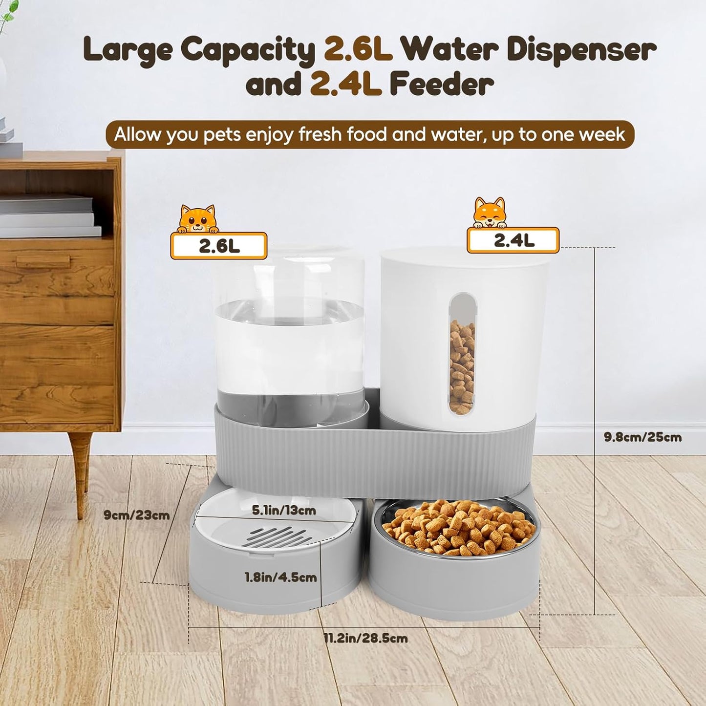 Automatic Dog Feeder and Water Dispenser, 2-in-1 Gravity Pet Water and Food Dispenser, 2.6L Pet Waterer, 2.4L Pet Feeder for Small Medium Cats Dogs
