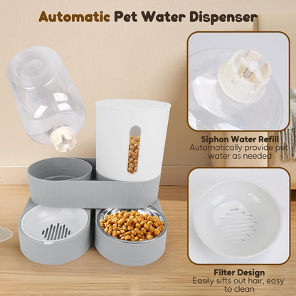 Automatic Dog Feeder and Water Dispenser, 2-in-1 Gravity Pet Water and Food Dispenser, 2.6L Pet Waterer, 2.4L Pet Feeder for Small Medium Cats Dogs