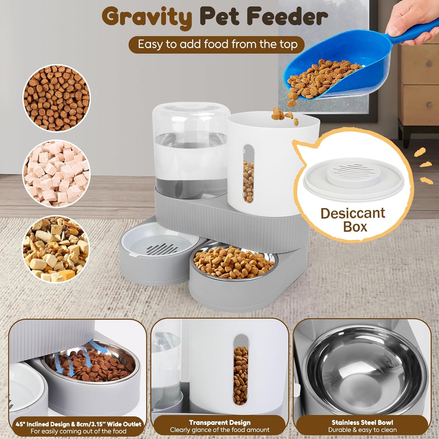 Automatic Dog Feeder and Water Dispenser, 2-in-1 Gravity Pet Water and Food Dispenser, 2.6L Pet Waterer, 2.4L Pet Feeder for Small Medium Cats Dogs